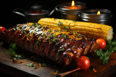 Grill barbecue ribs with sweet corn and ketchup on the wooden table, generative AIの素材