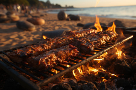 Grilled pork ribs, high flames and a warm day of barbecue on the beach., generative AIの素材