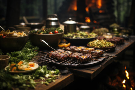 Succulent deer meat barbecue, burning wood and a rustic barbecue in the forest., generative AIの素材