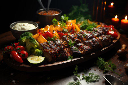 Kebab Lamb Cordelet and grilled vegetables served on the square board, generative AIの素材