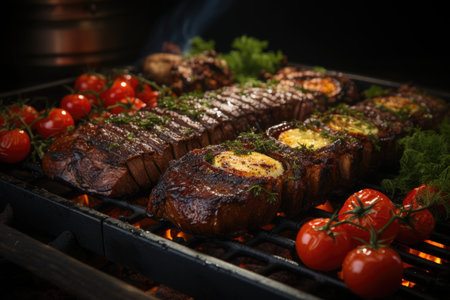 Roasted picanha barbecue on the egg spit is widely consumed throughout Brazil, generative IAの素材
