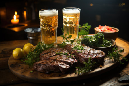 Two glasses of cold beer sweaty tulip with a sliced ??grilled rump steak on the wooden board (Brazilian picanha)., generative IAの素材