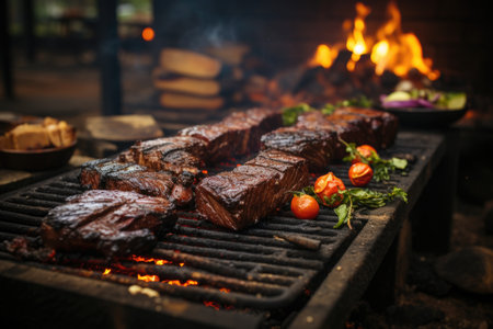 Delicious cuts of meat, burning wood and an afternoon of rustic barbecue on the farm., generative AIの素材