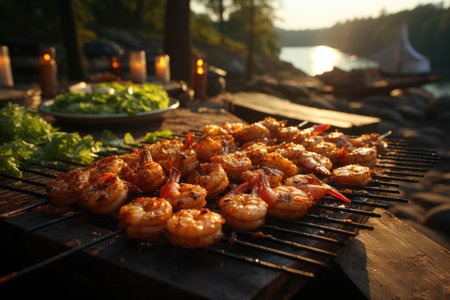 Succulent shrimp skewers, live music and a party on the edge of a serene lake., generative AIの素材