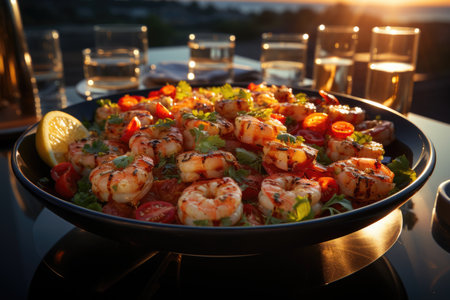Succulent shrimp skewers, sea breeze and a relaxing afternoon in a luxury yacht., generative AIの素材