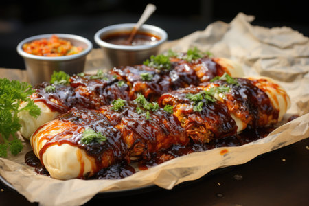 Hot grilled grilled entecosto with barbecue sauce on crumpled paper, generative IAの素材