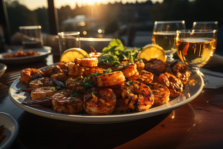 Successful shrimp skewers, sea breeze and a relaxing afternoon on a luxury yacht with champagne and waiter service., generative AIの素材