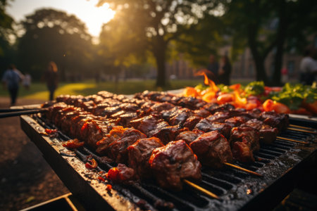 Marinated meat skewers, lively music and an afternoon of barbecue in a park of the city bullshit with a playground and picnic area., generative AIの素材
