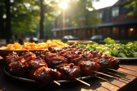 Marinated meat skewers, lively music and an afternoon of barbecue in a city park., generative AIの素材