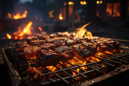 Marinated meat skewers, lively music and an afternoon of barbecue in a park of the city bullshit., generative AIの素材