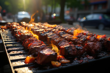 Marinated meat skewers, lively music and an afternoon of barbecue in the city park., generative AIの素材