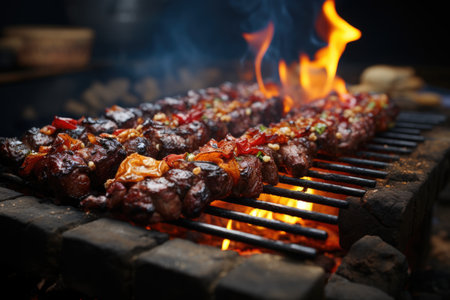 Marinated meat skewers, lively music and an afternoon of barbecue in the city park., generative AIの素材