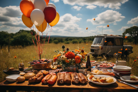 Fruit skewers on the grill, Campo Verde and a quiet picnic on the farm., generative AIの素材