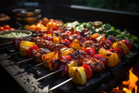 Fruit skewers on the grill, Campo Verde and a quiet picnic on the farm with colored balloons., generative AIの素材