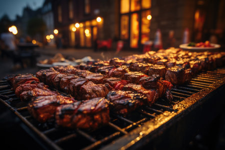 Marinated meat skewers, lively music and an afternoon of barbecue in a busy city park., generative AIの素材