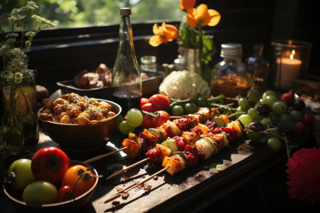 Fruit skewers on the grill, flowery field and a picnic in a sunny botanical garden with picnic baskets., generative AIの素材