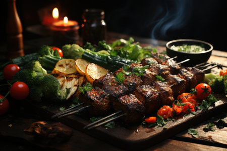 Grilled meat skewers with fresh vegetables and spices generated by AI, generative IAの素材