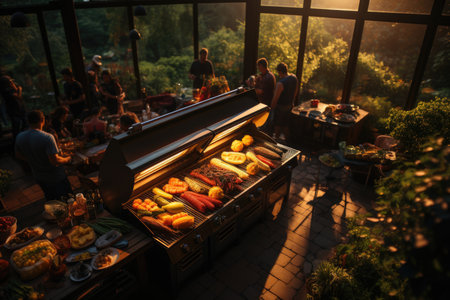 Lefts of vegetables on the grill, lush garden and a relaxed family lunch with a pool., generative AIの素材