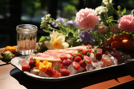 Fruit skewers on the grill, flowery field and a picnic in a botanical garden., generative AIの素材
