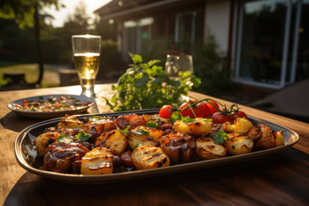 Gloss vegetable skewers, lush garden and relaxed family lunch with a pool and sun loungers., generative AIの素材