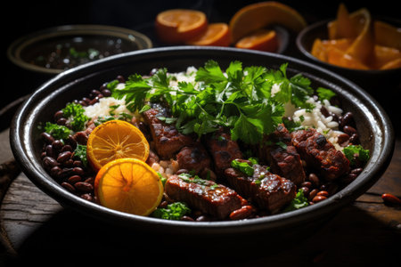 Smoking feijoada served at a rustic wooden table in a colonial house in Rio de Janeiro., generative IAの素材