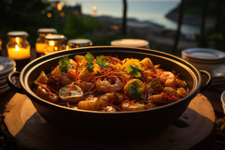 Capixaba moqueca in a clay pot, cooked in a house by the sea in Espの素材