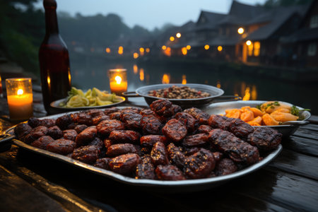 Smoked sausages, scented smoke and a barbecue by a quiet river., generative AIの素材