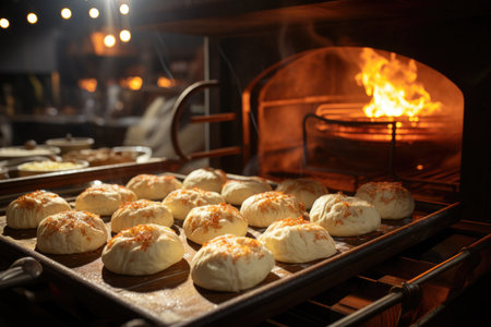 Cheese bread being baked in a mining kitchen, with an irresistible smell in the air., generative AIの素材