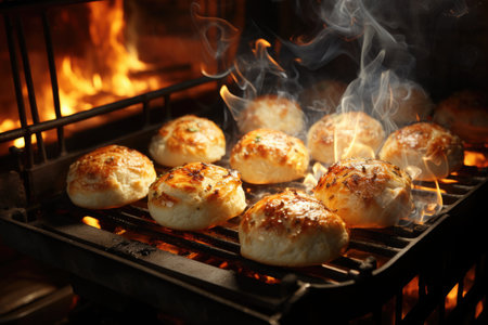 Cheese bread being baked in a mining kitchen, with an irresistible smell in the air., generative AIの素材