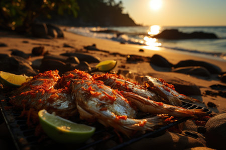 Baked fish on a deserted beach on the northeastern coast, with coconut trees., generative AIの素材