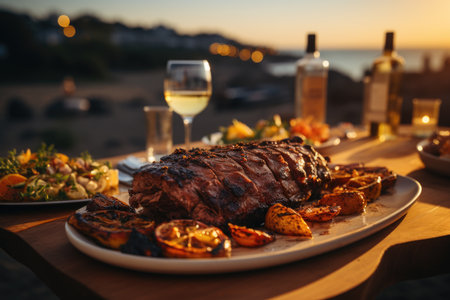 Grilled lamb ham, ocean breeze and a seaside party., generative AIの素材