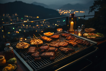 Successional picanha on the grill, starry night sky and a celebration on the roof of a building., generative AIの素材