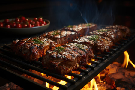 Preparation of grilled meat on the barbecue on wooden bottom, generative AIの素材