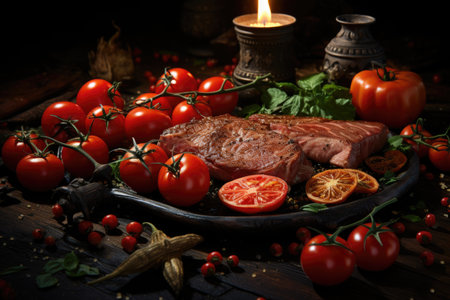 Frontal view of sliced ??meat fried with fresh red vegetables and tomatoes on the wooden table, generative AIの素材