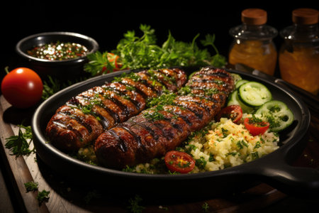 Brazilian sausages grilled on the wooden board with salad, farofa and ingredients, generative AIの素材