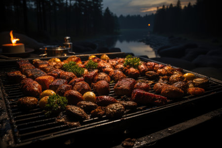 Grilled sausages, golden potatoes and a barbecue on the edge of a quiet lake., generative AIの素材