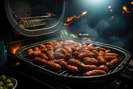 Smoked sausages, starry sky and a barbecue party in a camp under the stars., generative AIの素材