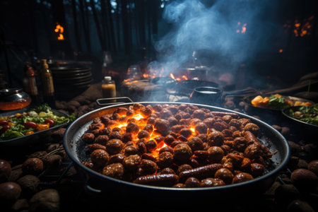 Smoked sausages, starry sky and a barbecue party in a camp under the stars., generative AIの素材