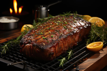A steak with a sprig of rosemary and herbs over it in a grilled meat grid, generative AIの素材