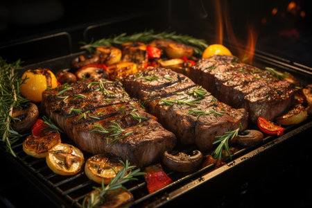 Side view of grilled steak with rosemary and mushrooms and barbecue tweezers on the barbecue, generative AIの素材