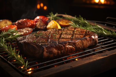 A steak with a sprig of rosemary and herbs on a grill. grilled meat. there generated, generative IAの素材