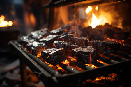 Upper coal view under the black cast iron grill, generative AIの素材