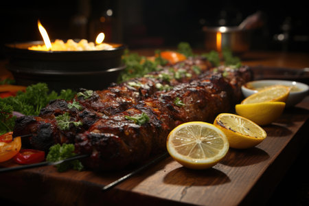 High angle of delicious kebab on the cutting board with lemon and salad, generative AIの素材