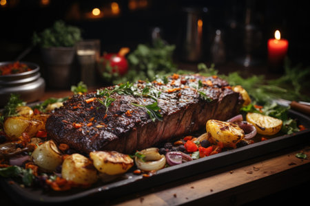 Higher Steak with potatoes and sauce in the frame with salad and vegetables, generative AIの素材