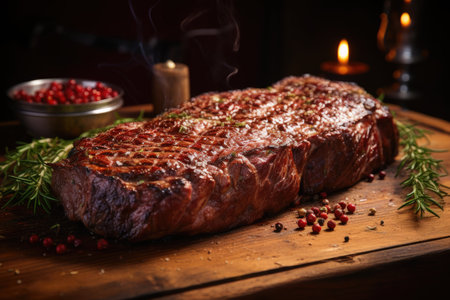 Presentation of Angus leg steak on the red wall of wooden table, generative AIの素材