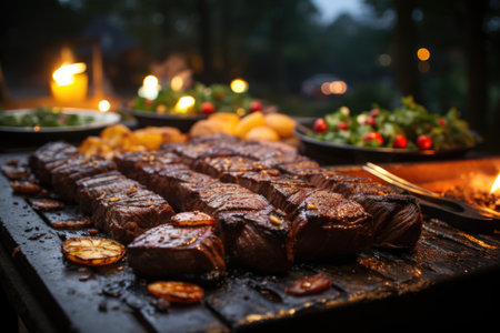 Grilled picanha perfection, in a garden barbecue with charcoal barbecue and animated friends under a starry sky., generative AIの素材
