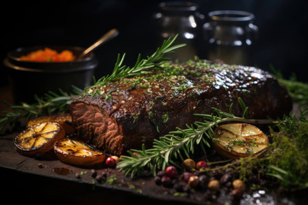 Grilled picanha with fresh herbs, in an outdoor barbecue with high flames., generative IAの素材
