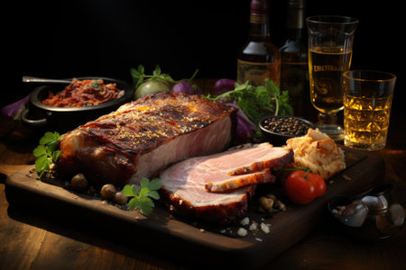 Piece of raw pork with rum on a cutting board on the wooden table, generative AIの素材
