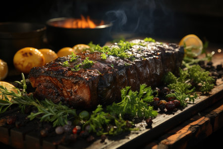 Grilled picanha with fresh herbs, in an outdoor barbecue with live music and party lights on a summer night., generative AIの素材