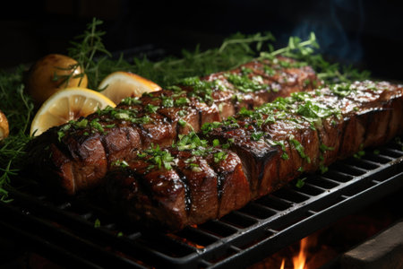 Grilled picanha with fresh herbs, in an outdoor barbecue with high flames., generative IAの素材